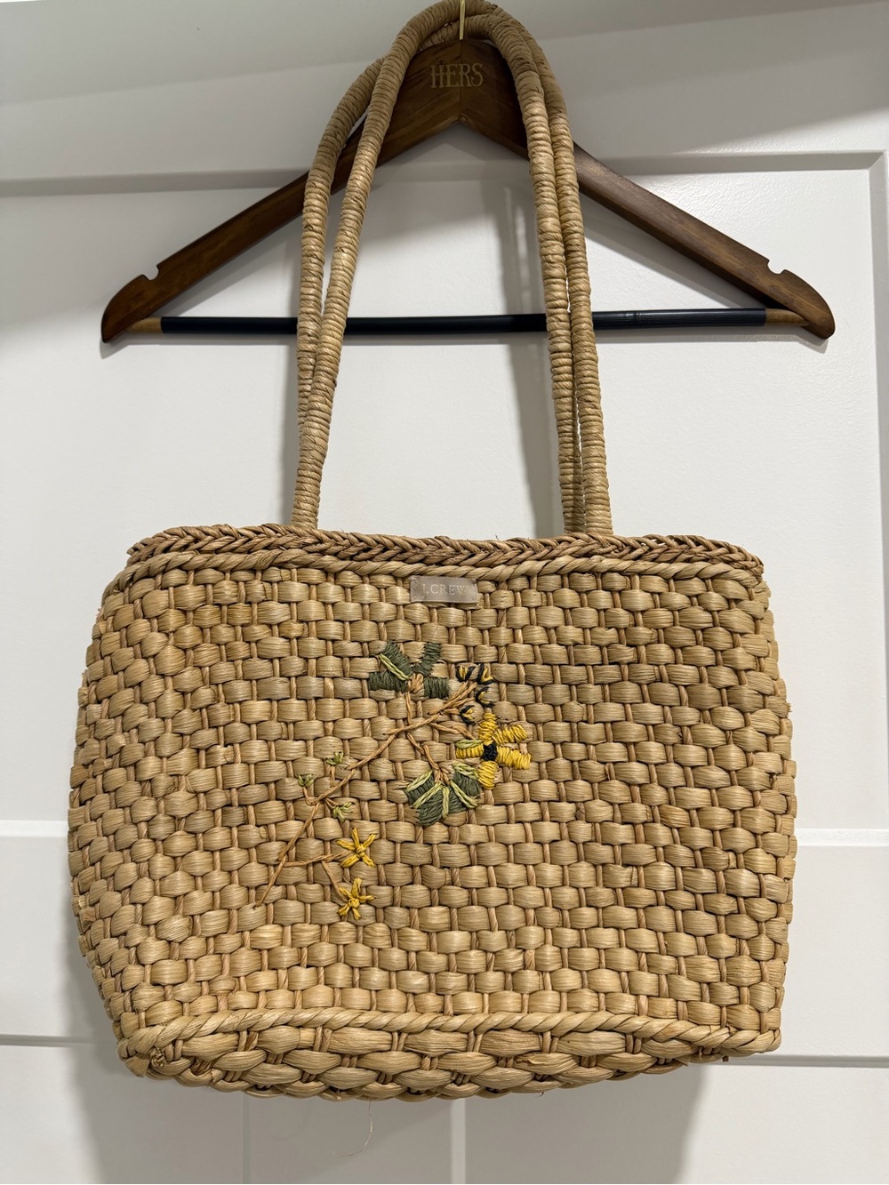 J. Crew Natural Straw Shoulder Bag with Yellow Floral Embroidery